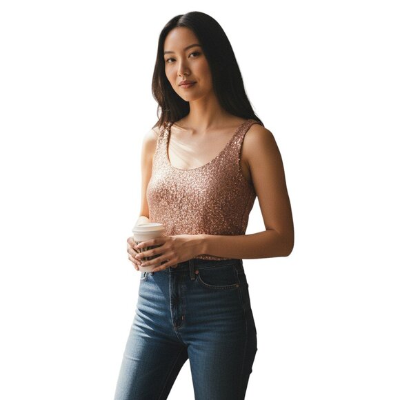 Women’s Petite Tank Top Size Small Copper Sequin Scoop Neck Lined Pullover - Picture 1 of 10